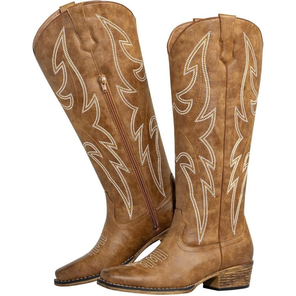 Women's Tan Leather Square Toe Embroidered Western Knee High Cowgirls Boots - Picture 1 of 7
